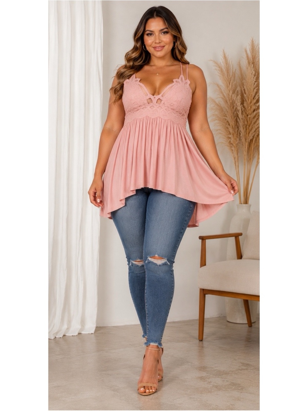 Zenana Outfitters Lace Trim Pink Flowy Tunic Tank Top